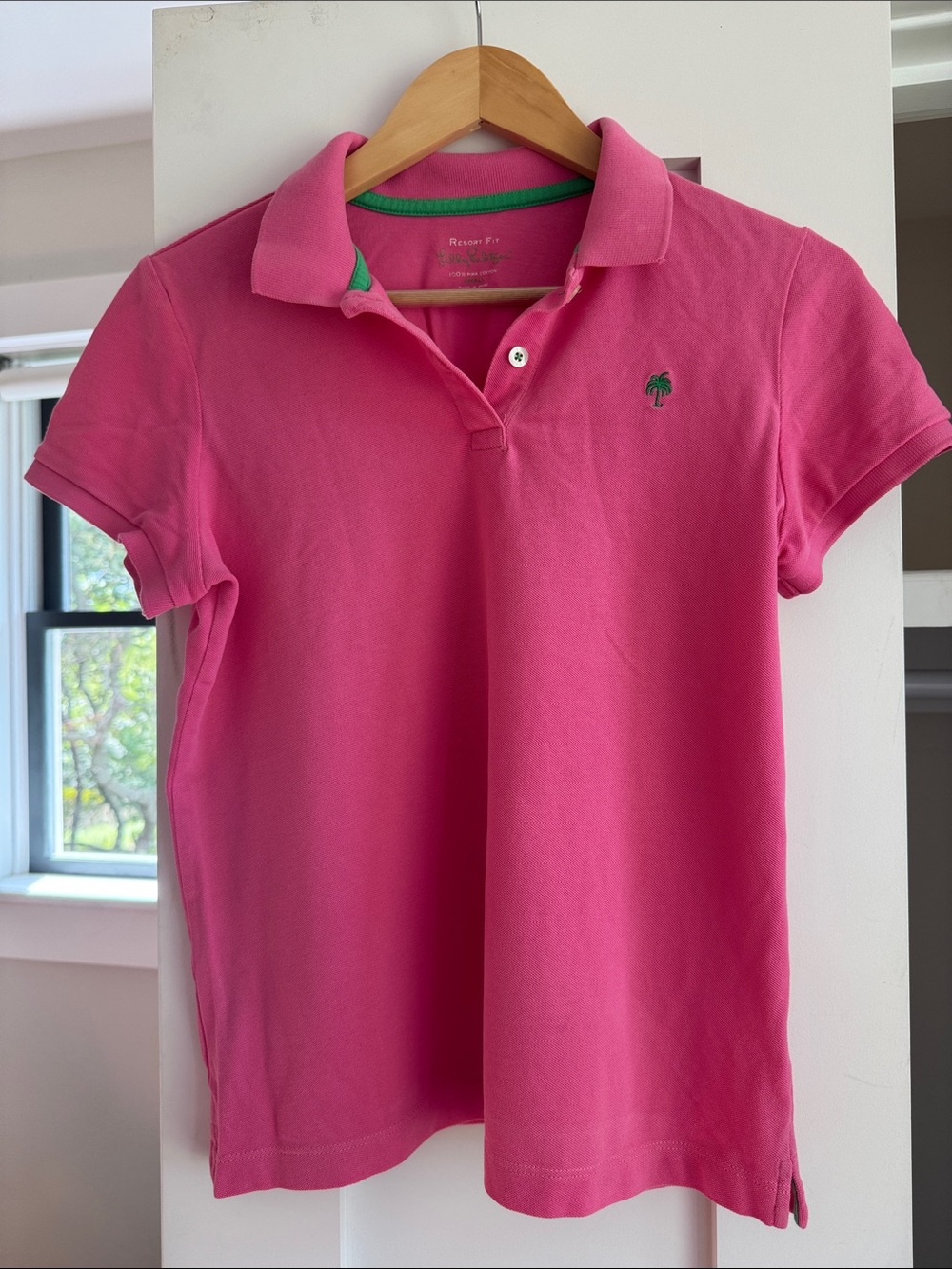 Lilly Pulitzer Bright Pink Polo with Green Palm Motif